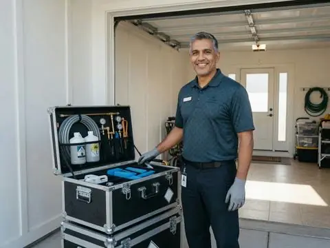 Técnico de control de plagas con equipo profesional